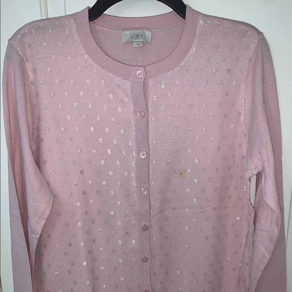 LOFT pale pink and silver polka dot cardigan Large